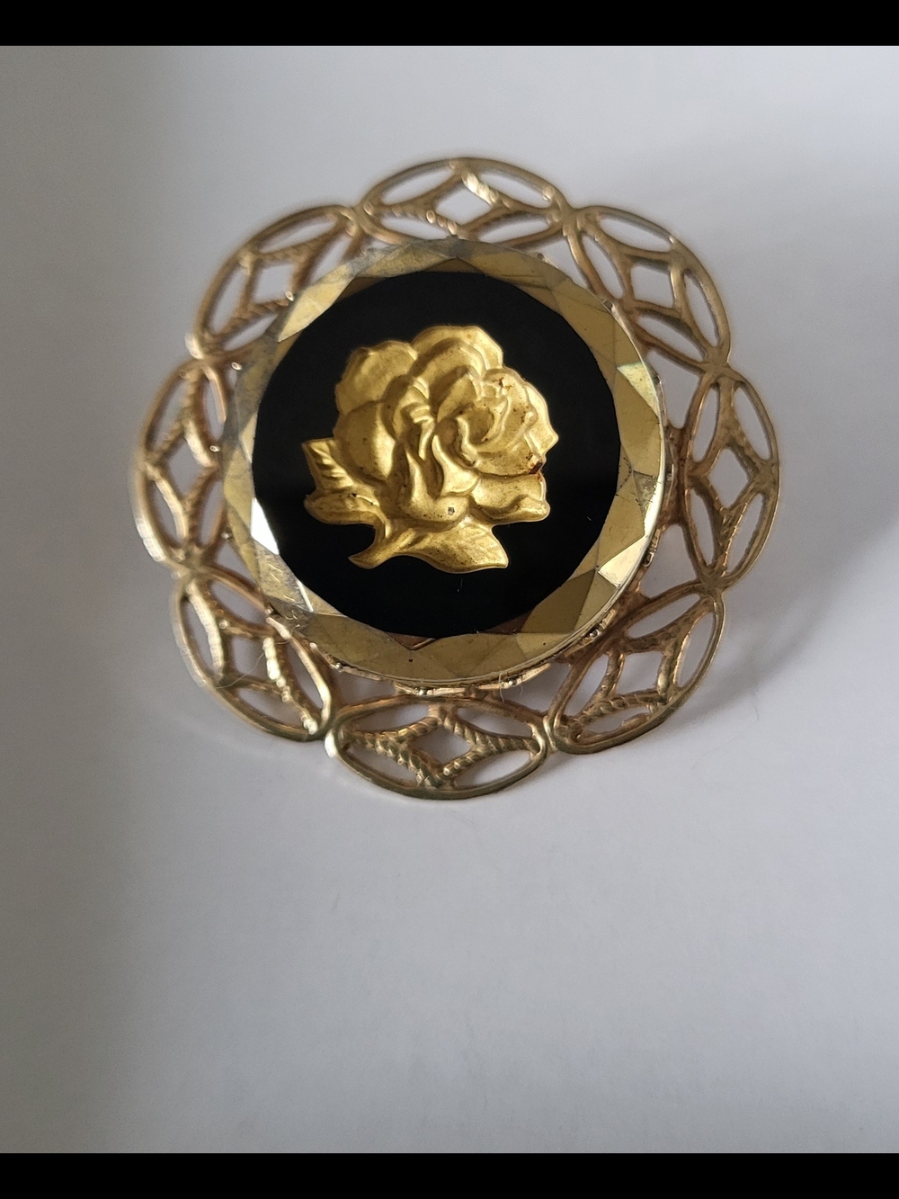 Vintage Etches Glass Rose Filigree Brooch